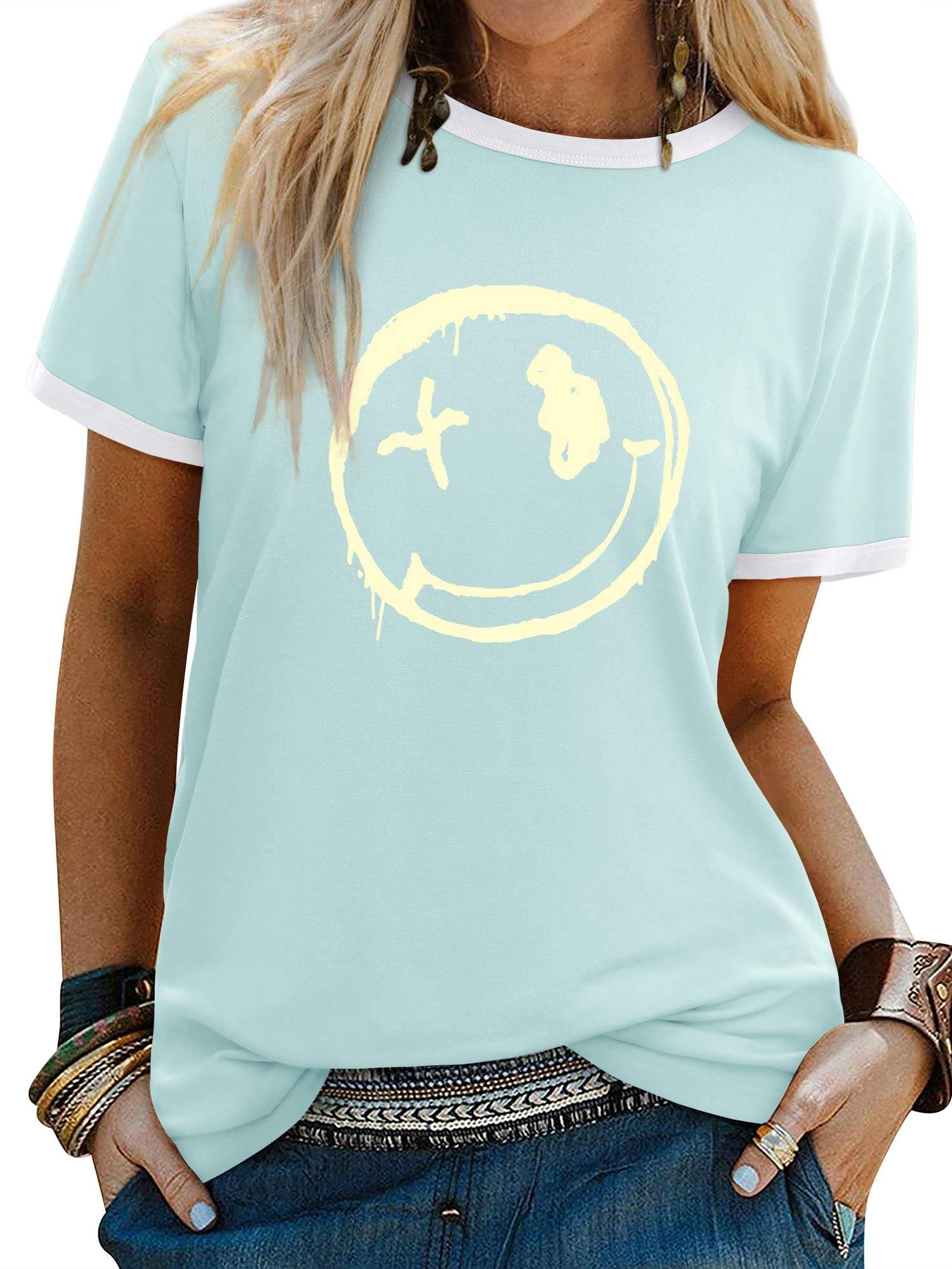 WIEIYM Good Vibes Women's T-Shirt Crew Neck Short Sleeve T Shirt Rainbow Graphic
