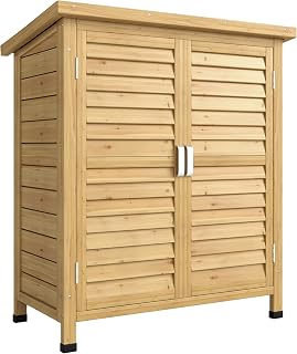 Outsunny Garden Shed Wooden 2 Door Unit 87L x 46.5W x 96.5Hcm, Natural | Garden Storage Shed, Solid Fir Wood, Garage Tool Organisation Cabinet