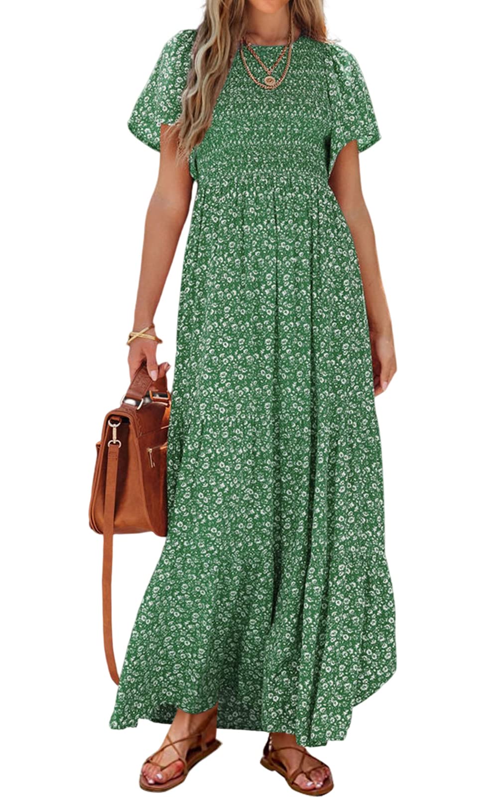 PRETTYGARDEN Smocked Top Summer Dresses for Women 2026 Short Sleeve Floral Maxi 