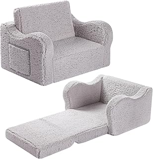 MOMCAYWEX Kids Sofa Chair, 2-in-1 Foldable Couch, Sherpa, Grey | Fold-Out Sofa Furniture, Removable Washable Soft Cover, Lightweight, Reading Playing Comfy Convertible Chair, Boys Girls