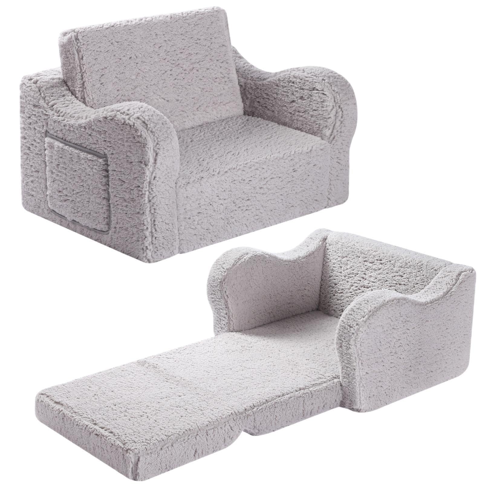 MOMCAYWEX Kids Sofa Chair, 2-in-1 Foldable Couch, Sherpa, Grey | Fold-Out Sofa F