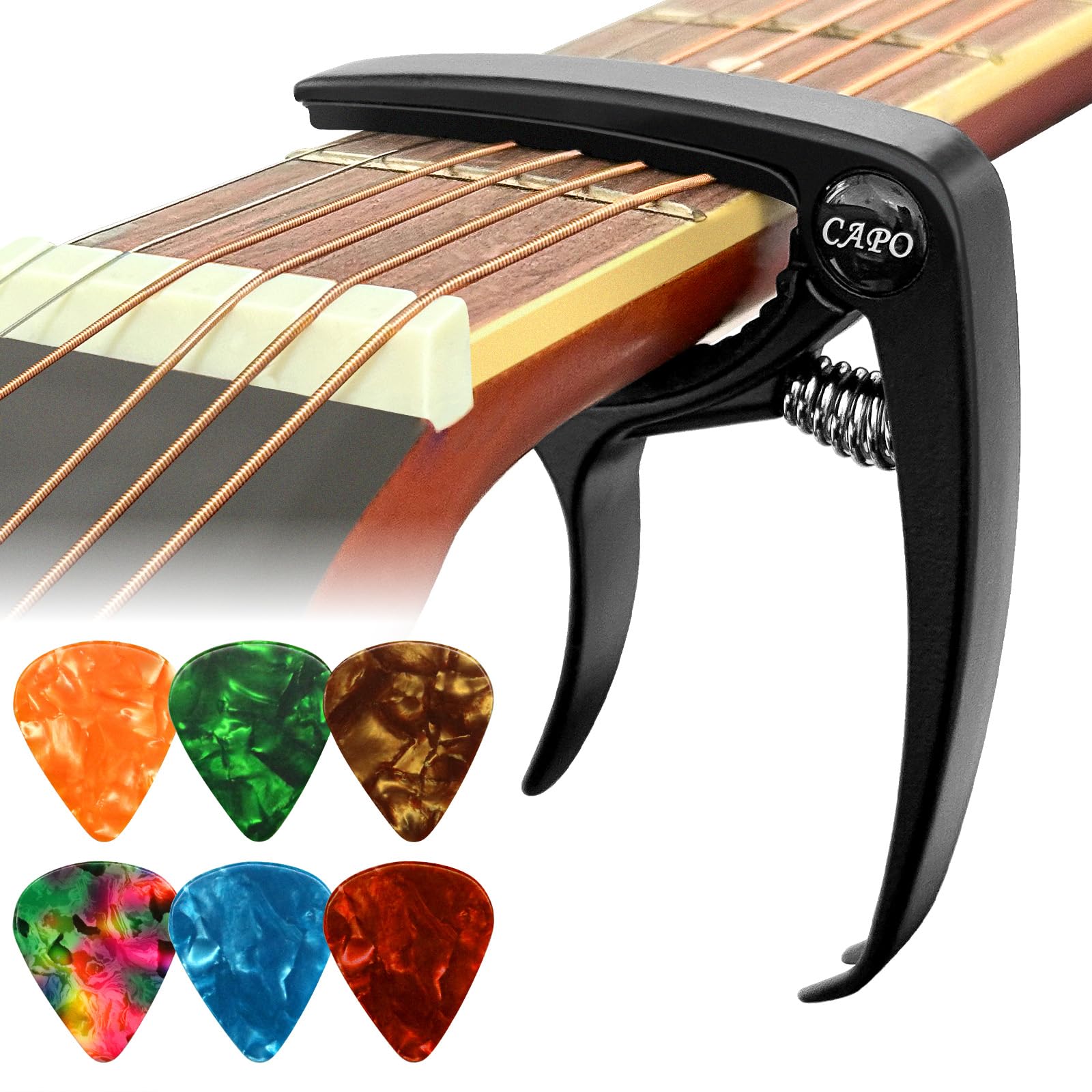 Guitar Capo with 6 Picks, Metal Quick Release for Acoustic Electric Guitars | In