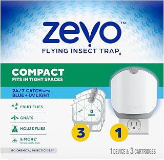 Zevo Compact Flying Insect Trap for Gnats & Fruit Flies, 1 Base & 3 Refills | Indoor Fly Trap for Fungus Gnats & Fruit Flies Near Plants, Food & Trash-Bins, No Mess, No Odor, Safe for Kids, Plants & Pets