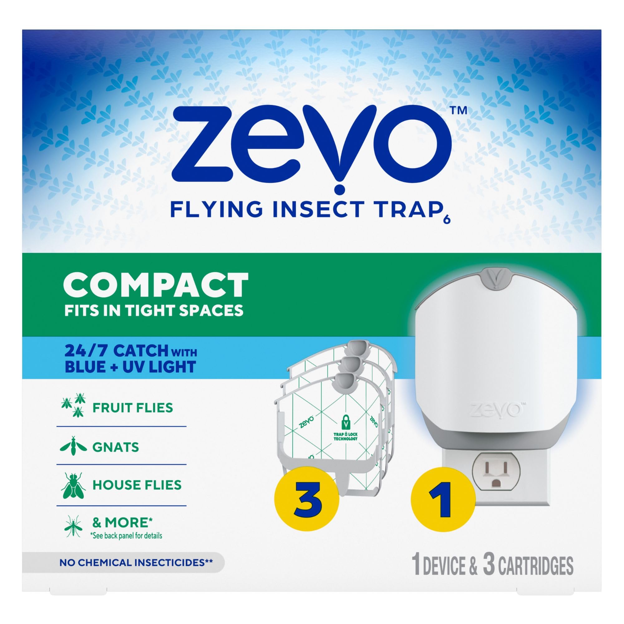 Zevo Compact Flying Insect Trap for Gnats & Fruit Flies, 1 Base & 3 Refills | In