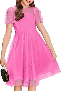 Arshiner Girls Dress Contrast Mesh Puffy Short Sleeve A Line Casual Party Dress 3-12 Years