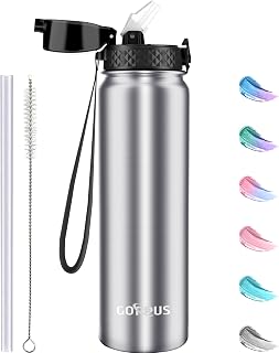 GOPPUS 1L/32oz Stainless Water Bottle with Straw Double Wall Insulated Bottles with Strap Reusable Vacuum Thermal Flask Leakproof Keep Cold Drinks Bottles with Flip Top Lid BPA Free (Silver)