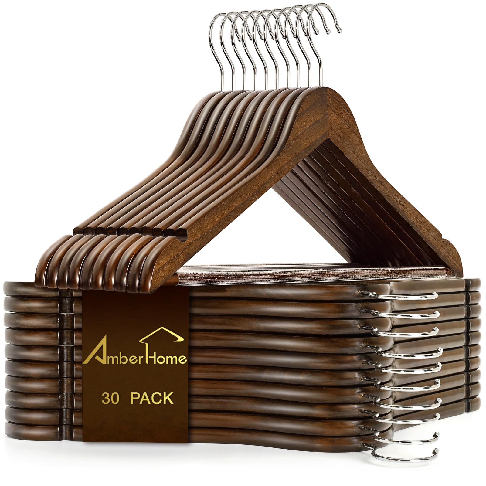 Amber Home 30 Pack Retro Wooden Coat Hangers, Wood Suit Hangers | Heavy Duty Han