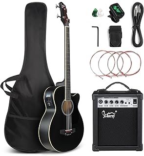 GLARRY Full Size Acoustic Electric Bass Guitar Beginner Kit w/ 15W Amp, Cutaway 4 Strings Electric Acoustic Bass Guitar w/Inbuilt Tuner, Bag, Strap, Picks, Strings, Bass Guitarra, Matte Black