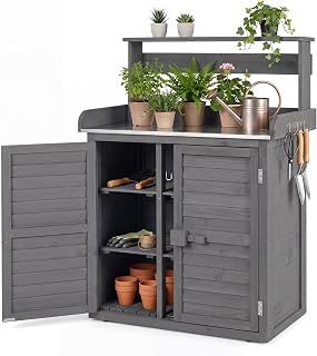 Goplus Garden Potting Bench Table with Stainless Steel Tabletop | Solid Fir Wood Indoor Outdoor Plant Workstation with Storage Cabinet, Shelves & 3 Hooks for Yard Porch Lawn