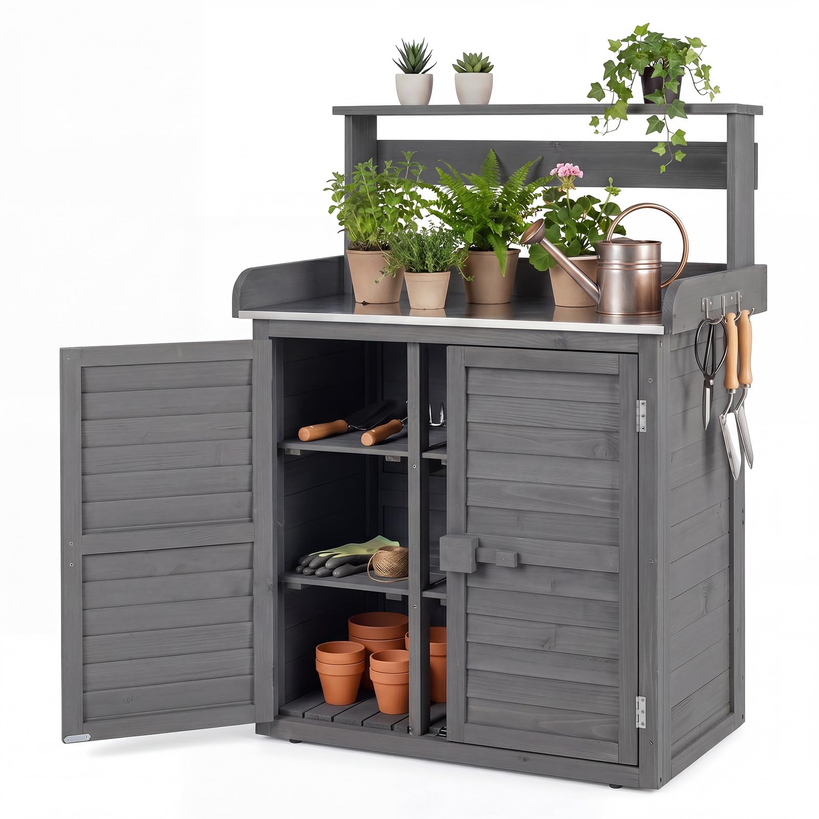 Goplus Garden Potting Bench Table with Stainless Steel Tabletop | Solid Fir Wood