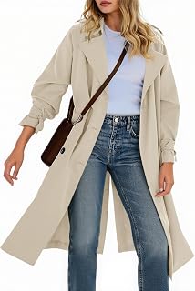 Tankaneo Women's Double Breasted Long Trench Coat with Notched Lapel Lightweight Oversized Windproof with Belt