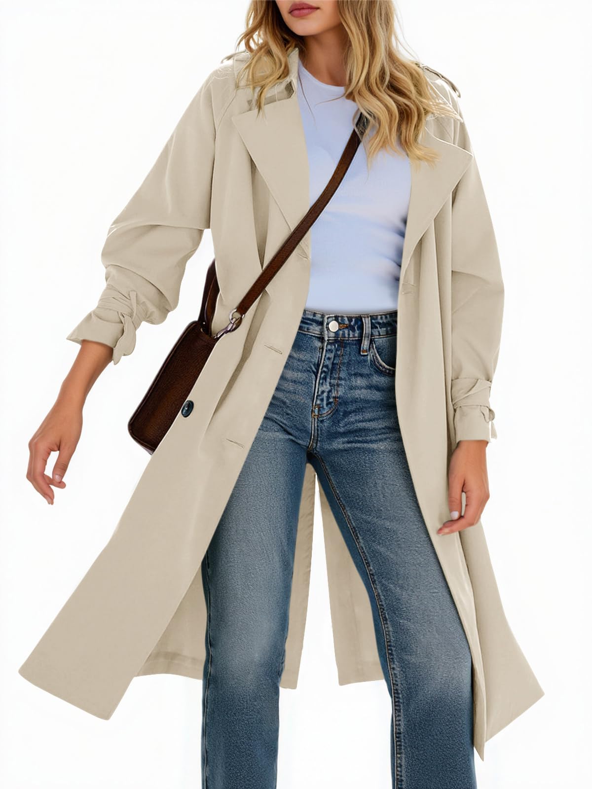 Tankaneo Women's Double Breasted Long Trench Coat with Notched Lapel Lightweight