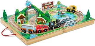 Melissa & Doug Take-Along Railroad Wooden Tabletop Play Set | 17 Pieces, Portable Playset, Railroad Pretend Play, 3 Trains, 1 Truck, Animals, Preschool Learning Toys for Kids, Ages 3+