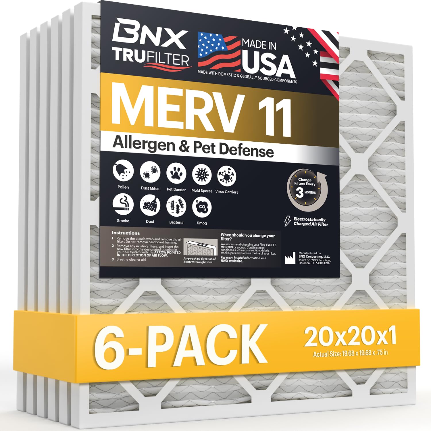 BNX TruFilter 20x20x1 Air Filter MERV 11 (6-Pack) - MADE IN USA - Allergen Defen