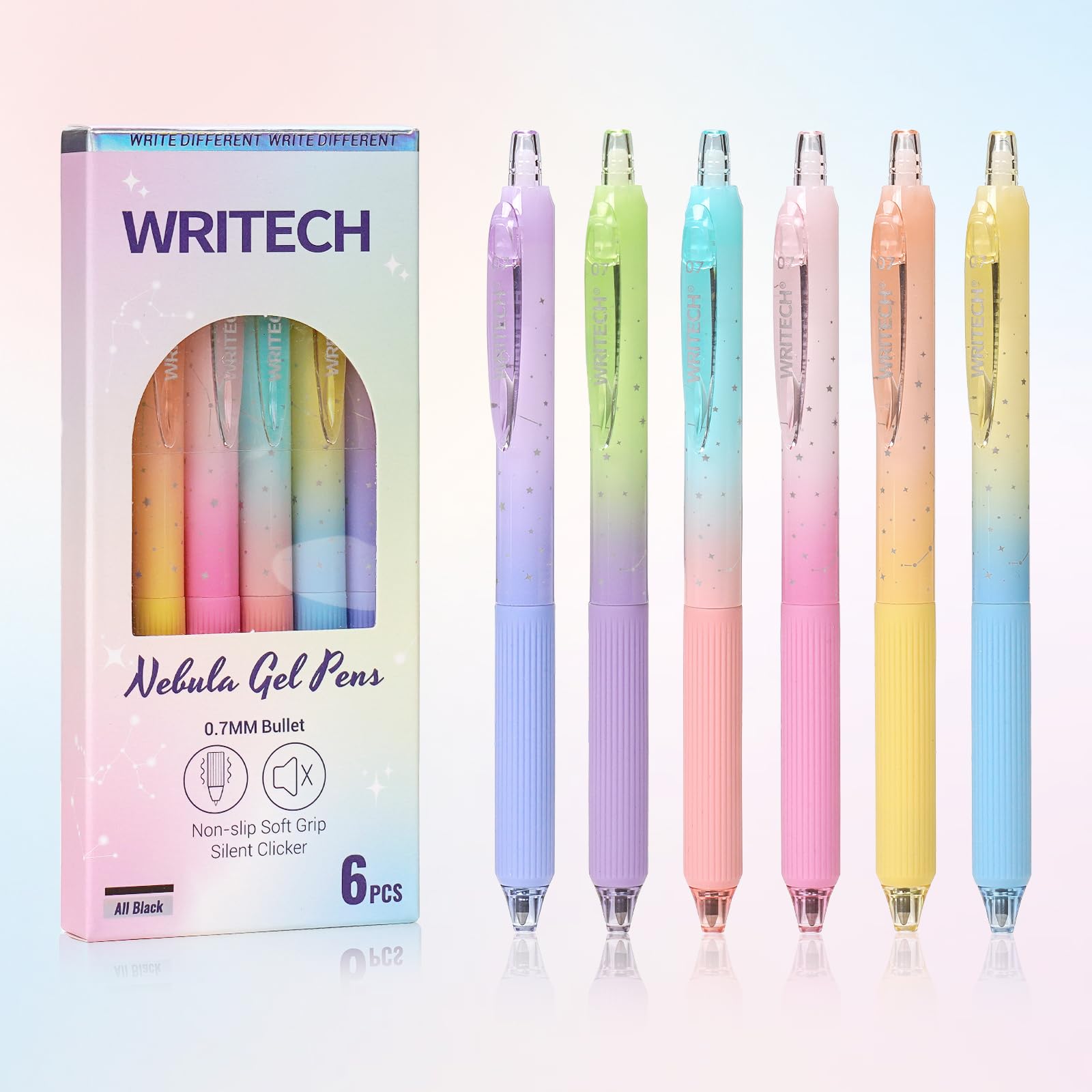 WRITECH Gel Pens Fine Point: Nebula Pen Set 0.7mm Black Ink Retractable 6ct Medi