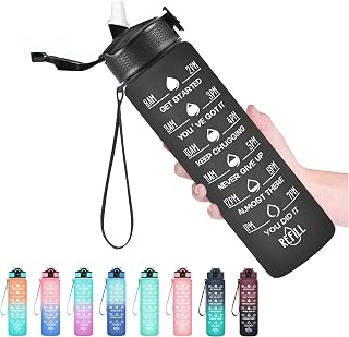 Hyeta Water Bottle with Straw & Time Marker, Plastic 32oz Leakproof