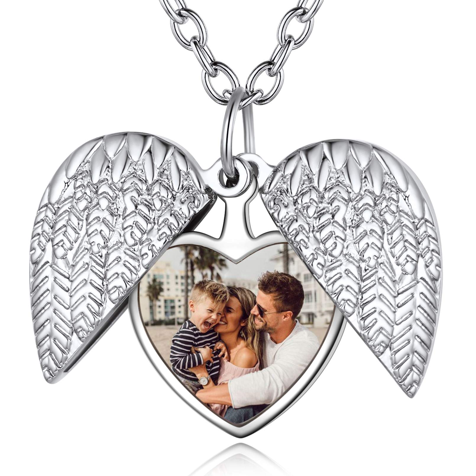 Custom4U Personalized Heart Locket Necklace with Pictures,Sunflower/Angel Wings/