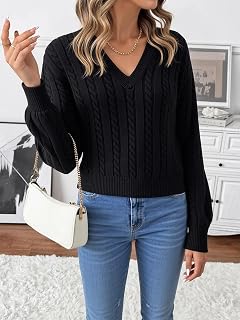 Women's V Neck Cable Knit Sweater Long Sleeve Slim Fit French Design for Daily Outings