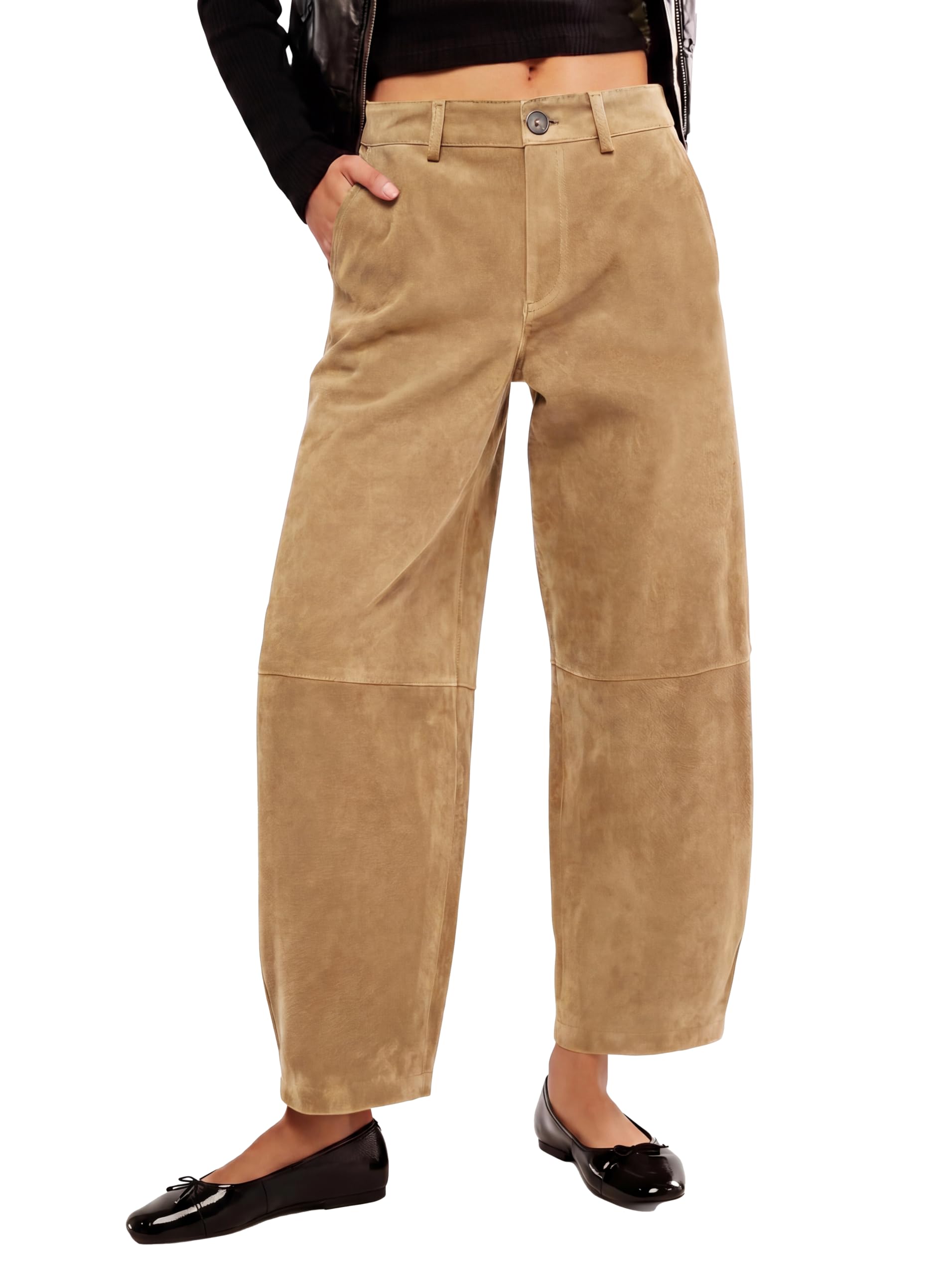 Tankaneo Pantaloni da donna in finta pelle scamosciata, a vita alta, gamba