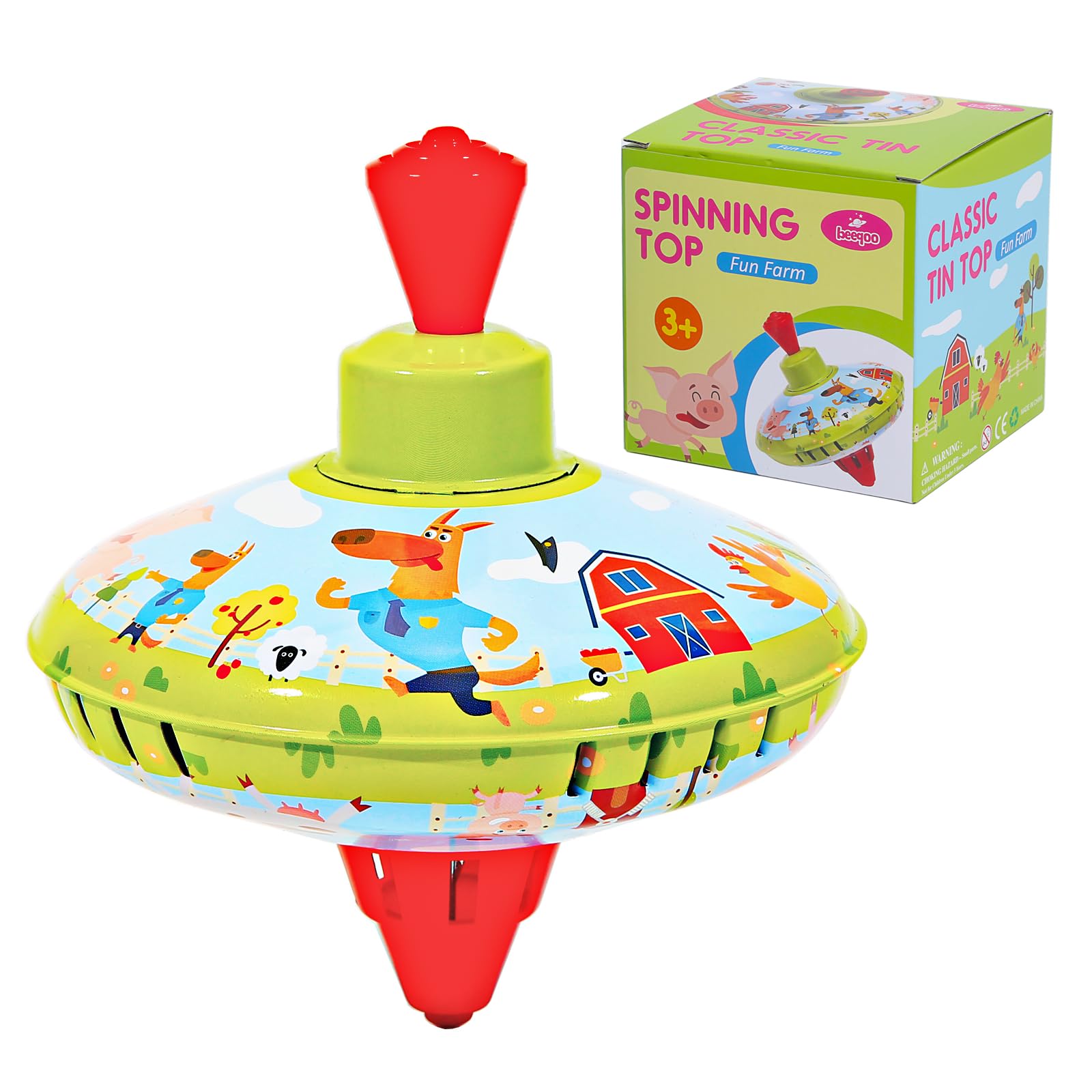 Beeqoo Fun Farm Spinning Top Tin Toy for Kids – Retro Classic Toys - Toddler Tra