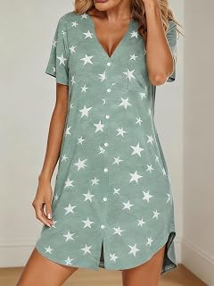 Women's Star Print Short Sleeve Nightgown V Neck Button Front Soft Loose Nightgown Green