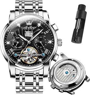 OLEVS Automatic Watches for Men Luxury Mechanical Self Winding Watch Tourbillon Skeleton Watch Business Diamond Waterproof Men Watches Stainless Steel Calendar Wrist Watch Silver/Black/Blue/Gold Face