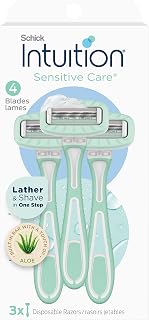 Schick Intuition Disposable Razors for Sensitive Skin| 4-Blade Razor | 3 Count | Women’s Disposable Razors with a Touch of Aloe, Travel Razor