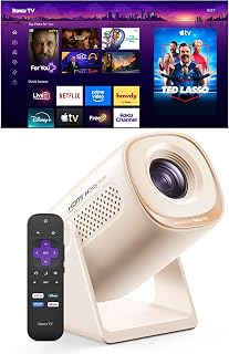 BIGASUO Roku TV Smart Projector with WiFi and Bluetooth | No Streaming Stick Needed, Dolby Audio, Auto Vertical Keystone & Zoom, 180° Rotatable Projector for Home and Outdoor