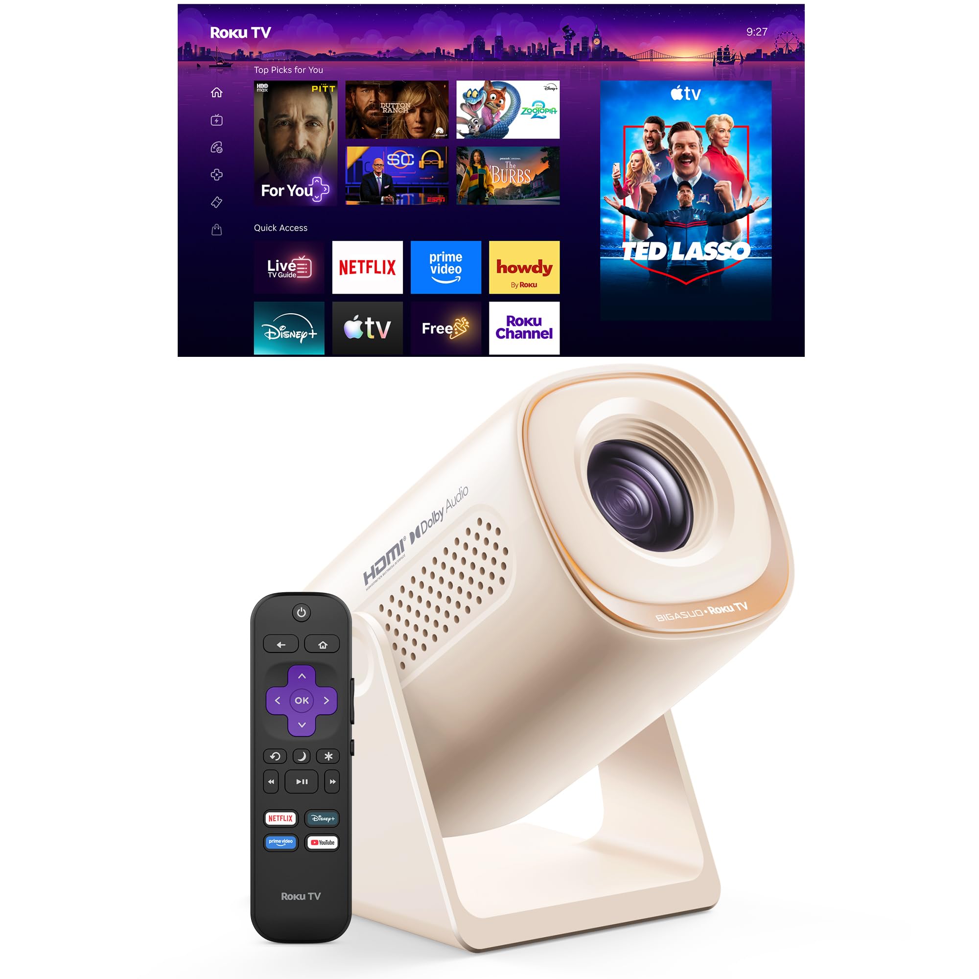 BIGASUO Roku TV Smart Projector with WiFi and Bluetooth | No Streaming Stick Nee
