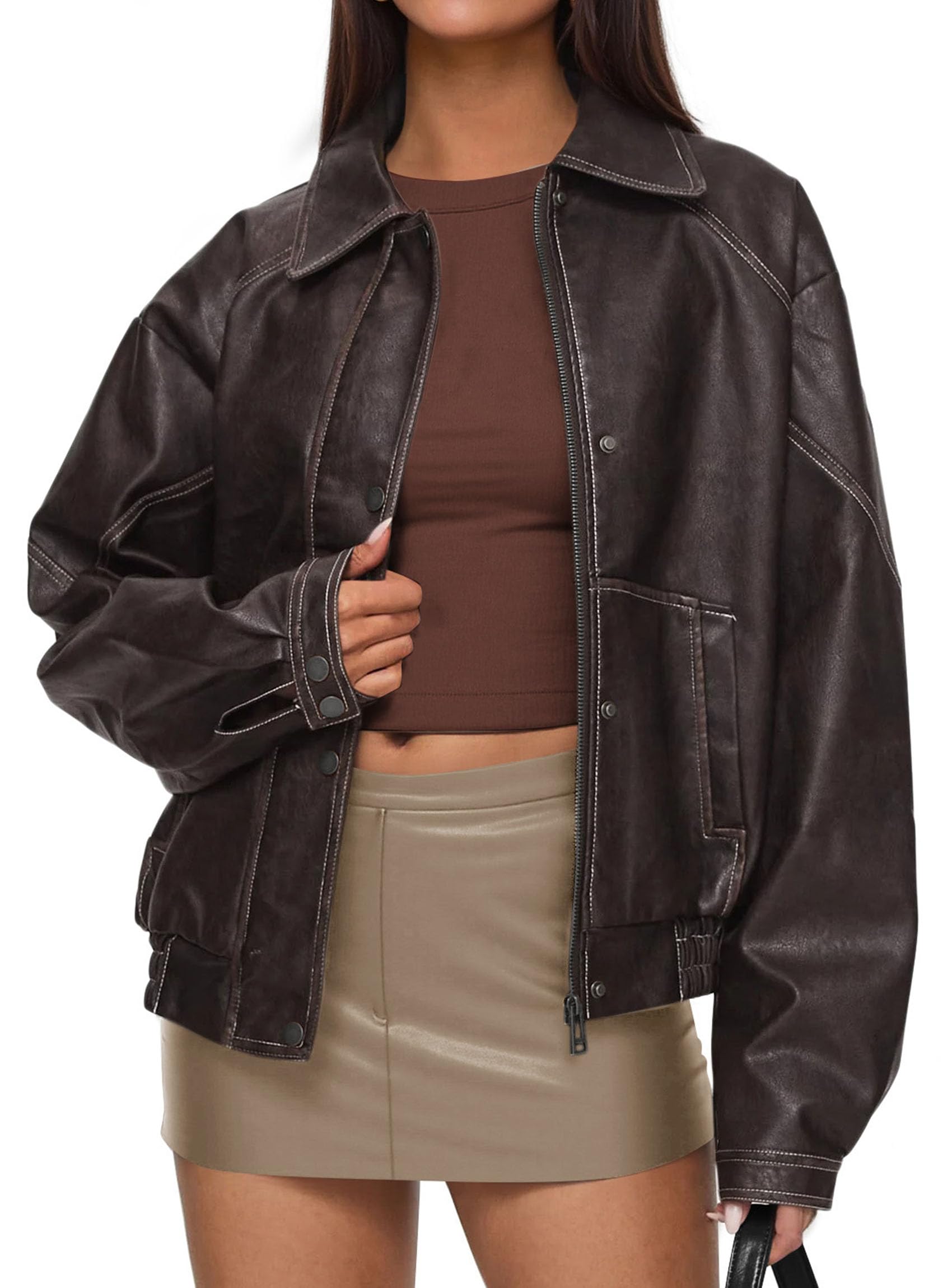 PRETTYGARDEN Faux Leather Jacket Women's Bomber Jacket Zipper Oversized Jackets 