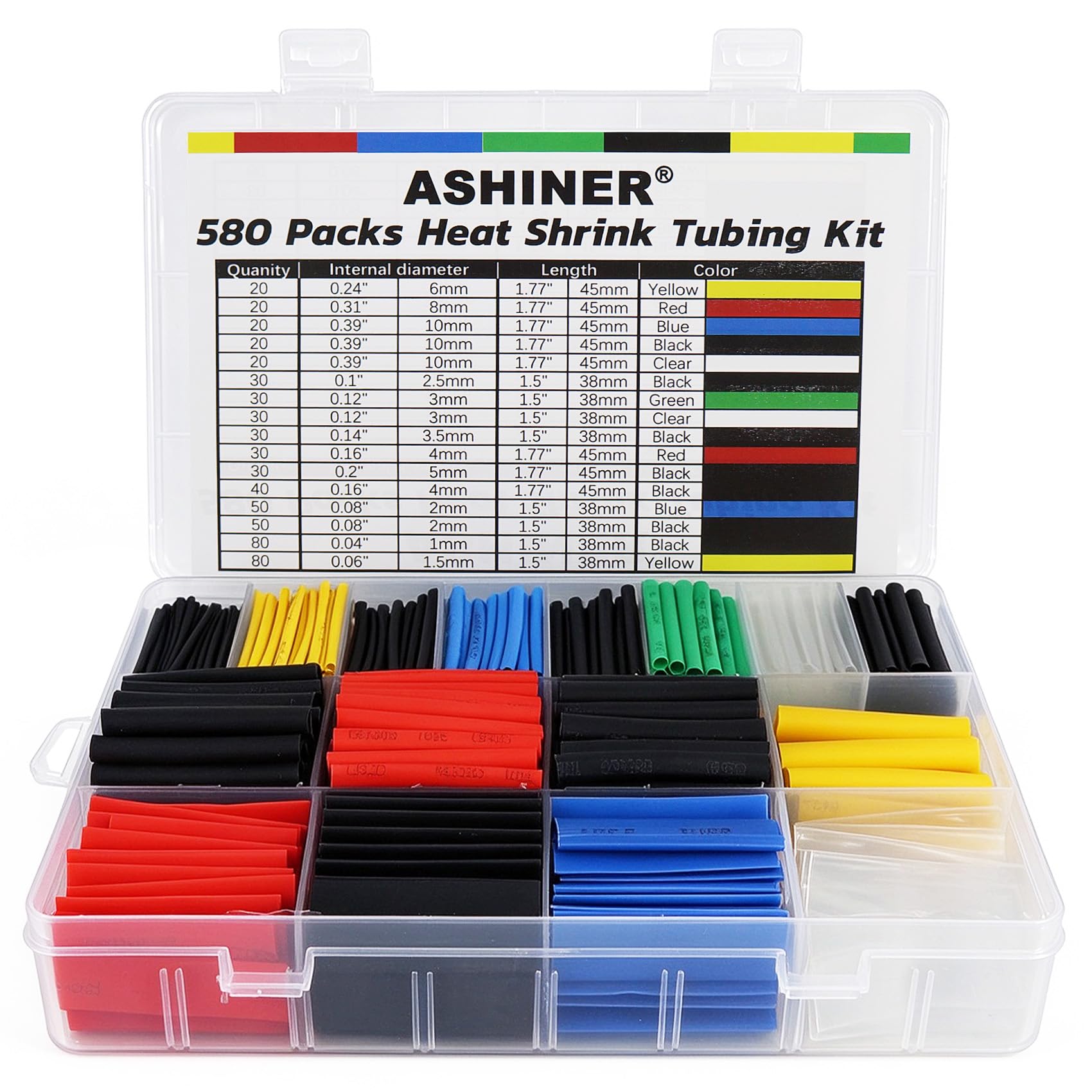 ASHINER Heat Shrink Tubing Kit - 580Pcs EVA Material, 6 Colors and 11 Sizes | Id