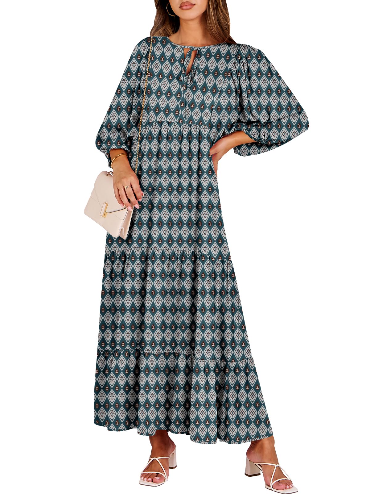 ANRABESS Womens Boho Maxi Dresses 2026 Summer V Neck Puff Sleeve Floral Flowy Sw