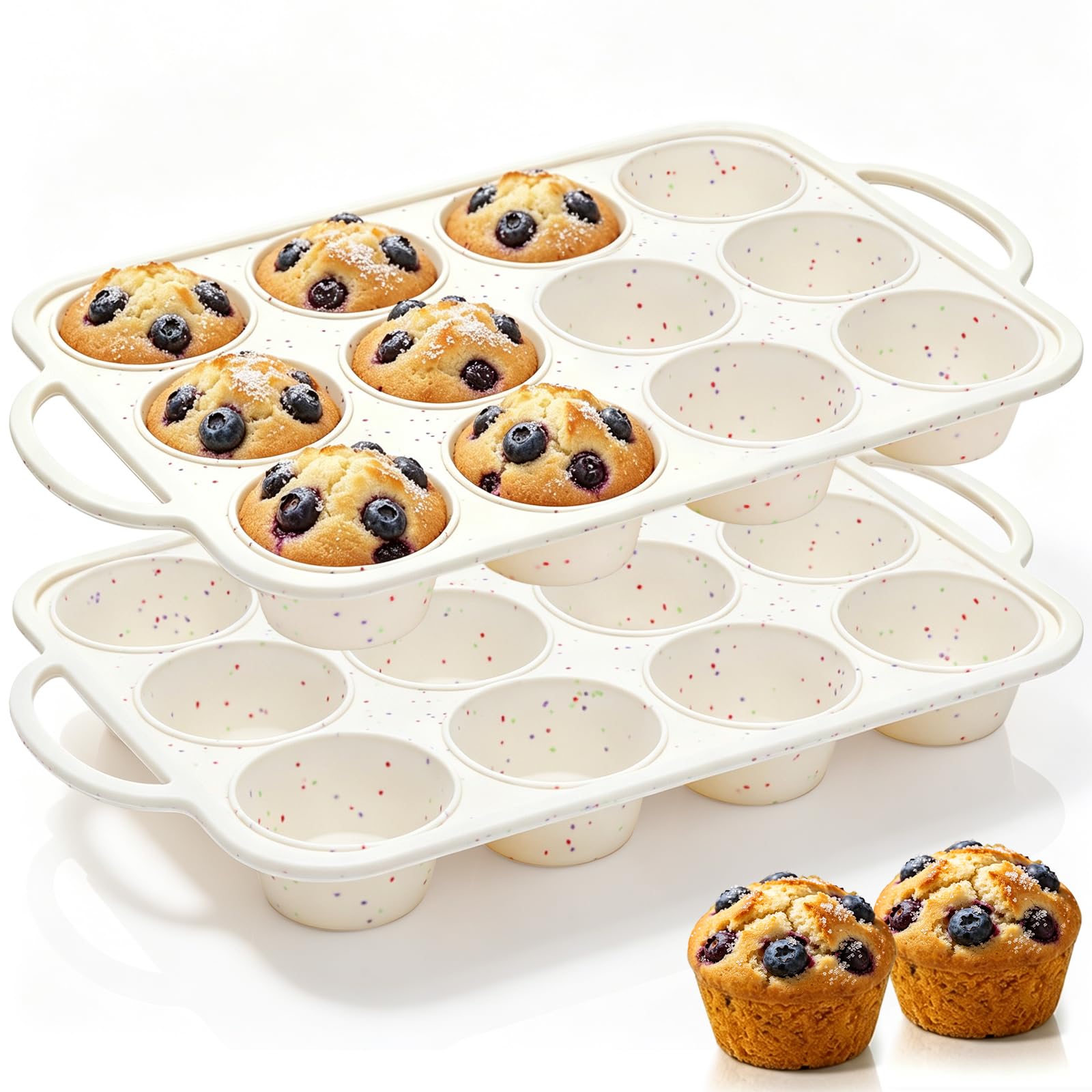 Vinino 2Pack Silicone Muffin Pan for Baking with Metal Reinforced Frame, 12 Cup 