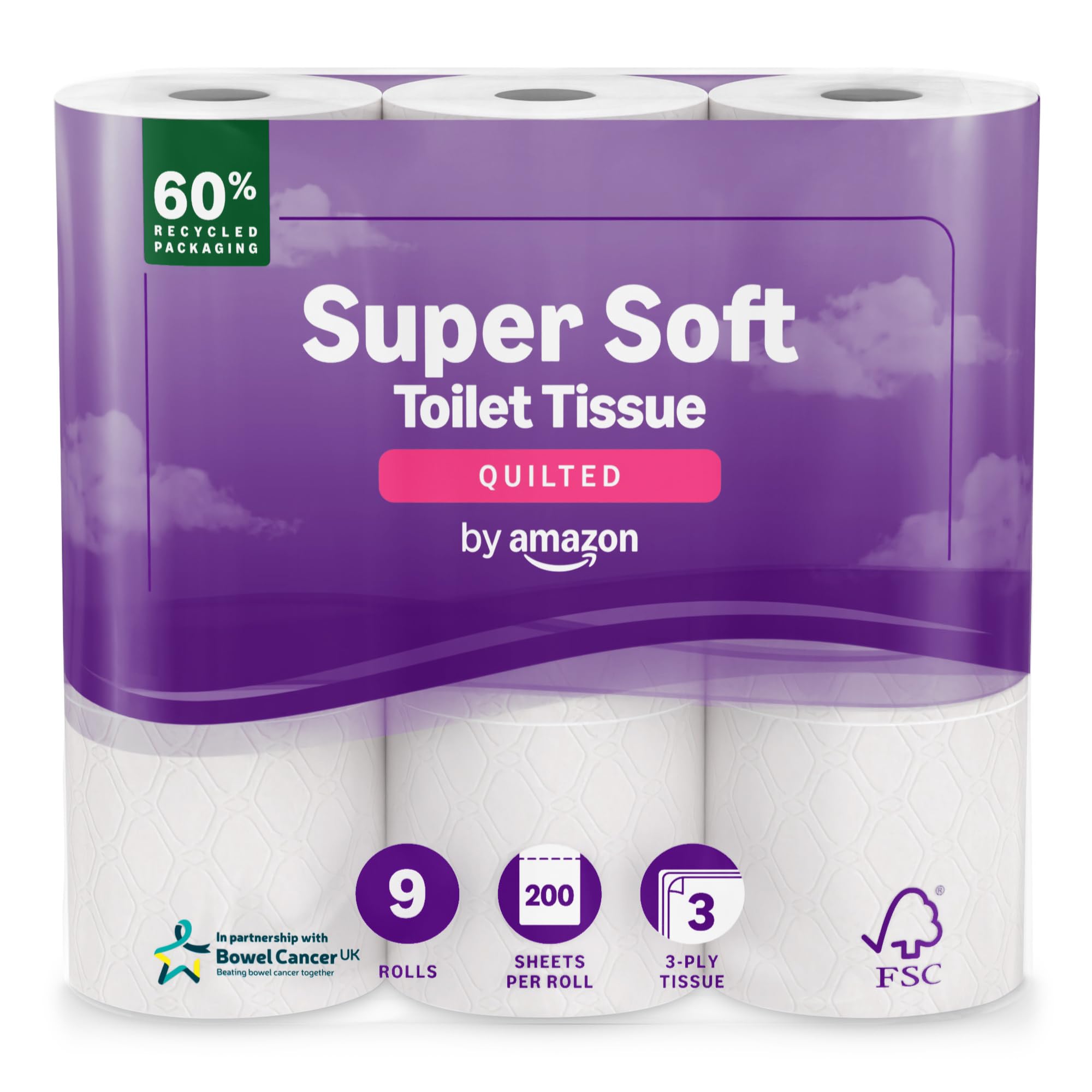 by Amazon Super Soft Toilet Tissue, 3-ply, 9 Rolls (1 Pack of 9), 200 Sheets per