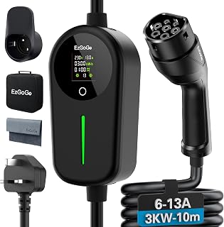 EzGoGo EV Charger 3 Pin Plug 32.81Ft/10M 3kW 6-13A Type 2 Charging Cable | IP65 Waterproof Car Charging Cable, 1-12h Delayed Charging, Plug & Play, Electric Car Charger for All EVs & PHEVs.