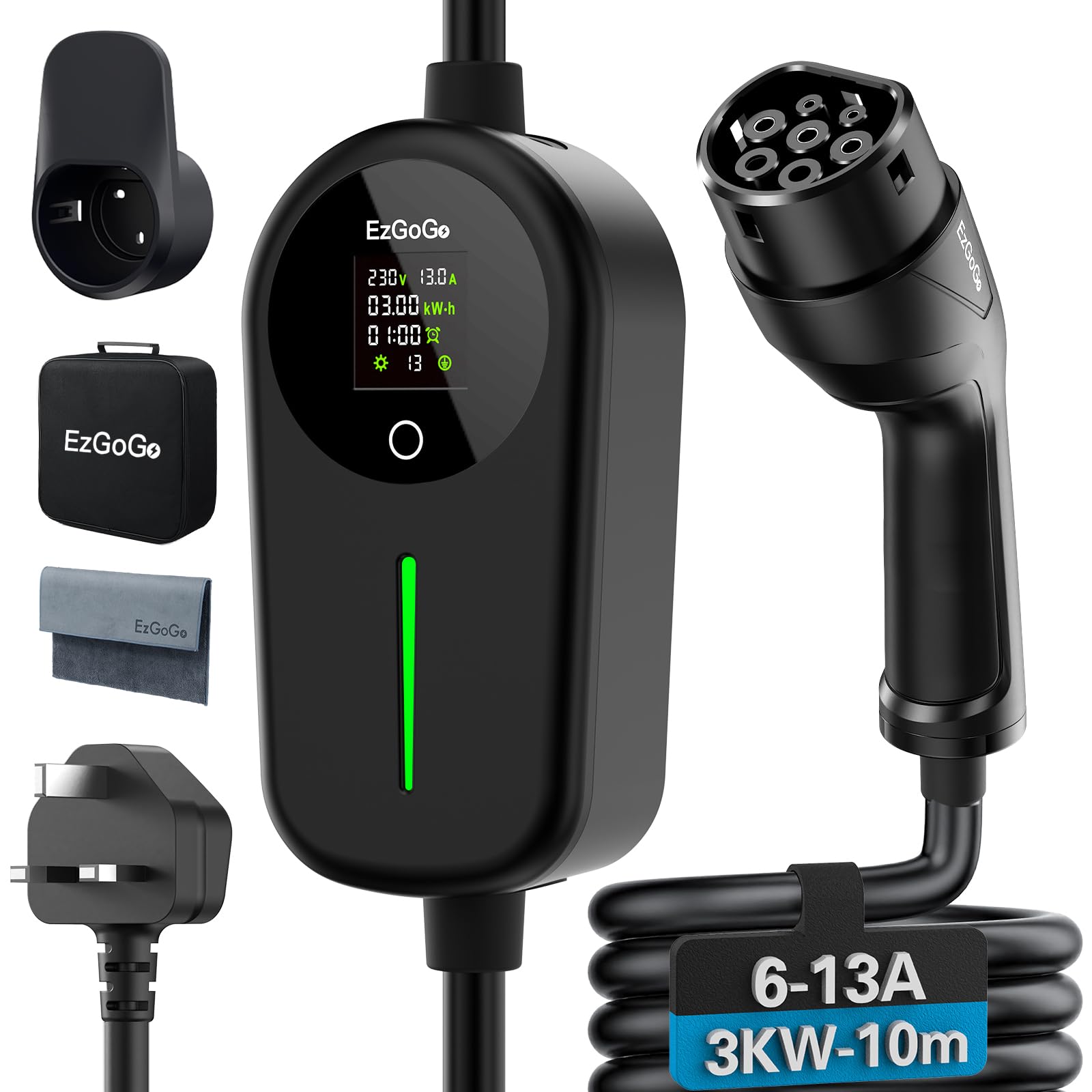 EzGoGo EV Charger 3 Pin Plug 32.81Ft/10M 3kW 6-13A Type 2 Charging Cable | IP65 