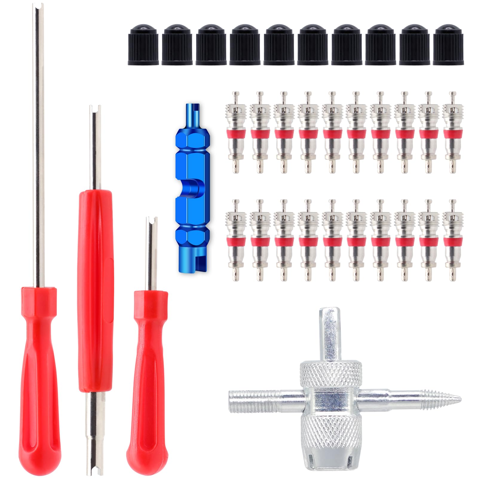 Valve Stem Removal Tool - 20Pcs Valve Cores, 10Pcs Tire Valve Caps, 4-Way Valve 