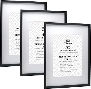 Black A2(42x59.4cm) Boxed Picture Frames Set of 3,for A3(29.7X42CM),A3 Boxed Photo Frames,Black A2 Wooden Effect Poster Frame for Home Decor
