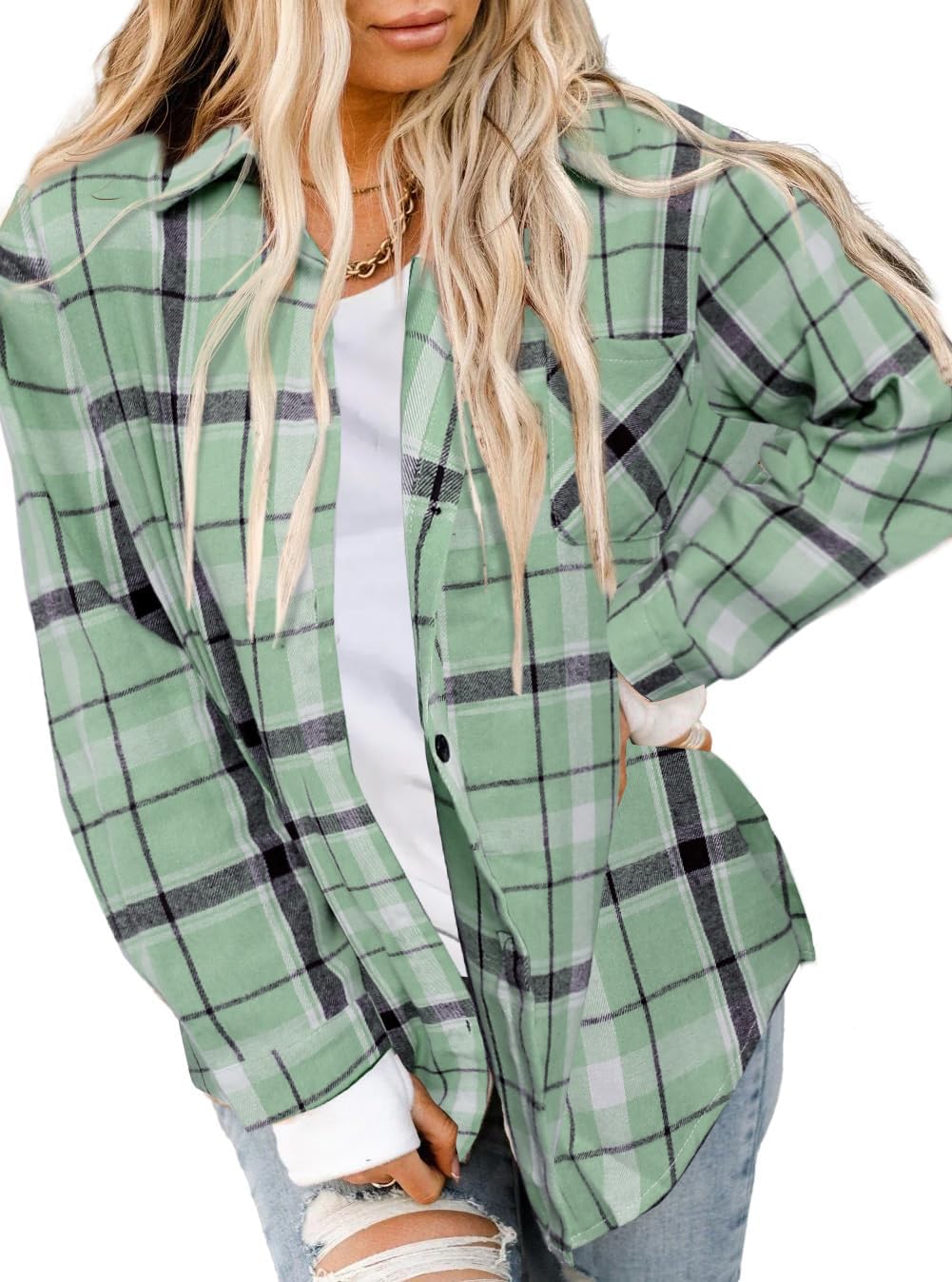Asiertiy Women's Buffalo Check Flannel Shirt Long Sleeve Button Down Collar Ligh