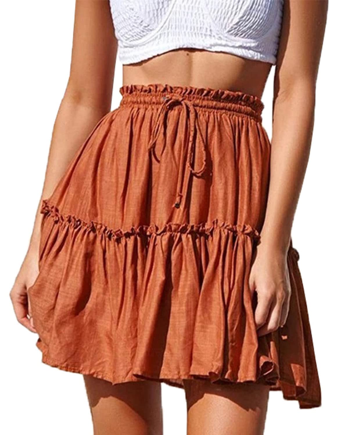 Hoerev Women Girls Floral Flared Short Skirt Cute High Waist Ruffle Beach Mini S