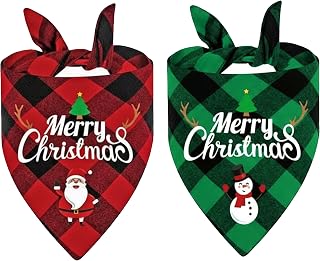 2 Pack Dog Christmas Bandana Classic Plaid Pet Scarf Triangle Bibs Kerchief Merry Christmas Santa Snowman Dog Bandanas for Medium Large Dogs Pets (Green&Red)