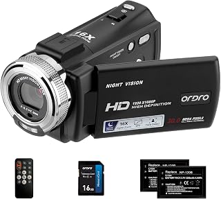 ORDRO V12 1080P Camcorder Night Vision with 16G Card 2 Batteries | HD retro camcorder recorder, infrared night vision, 16X digital zoom, LCD display, , beginner friendly, travel vlogging