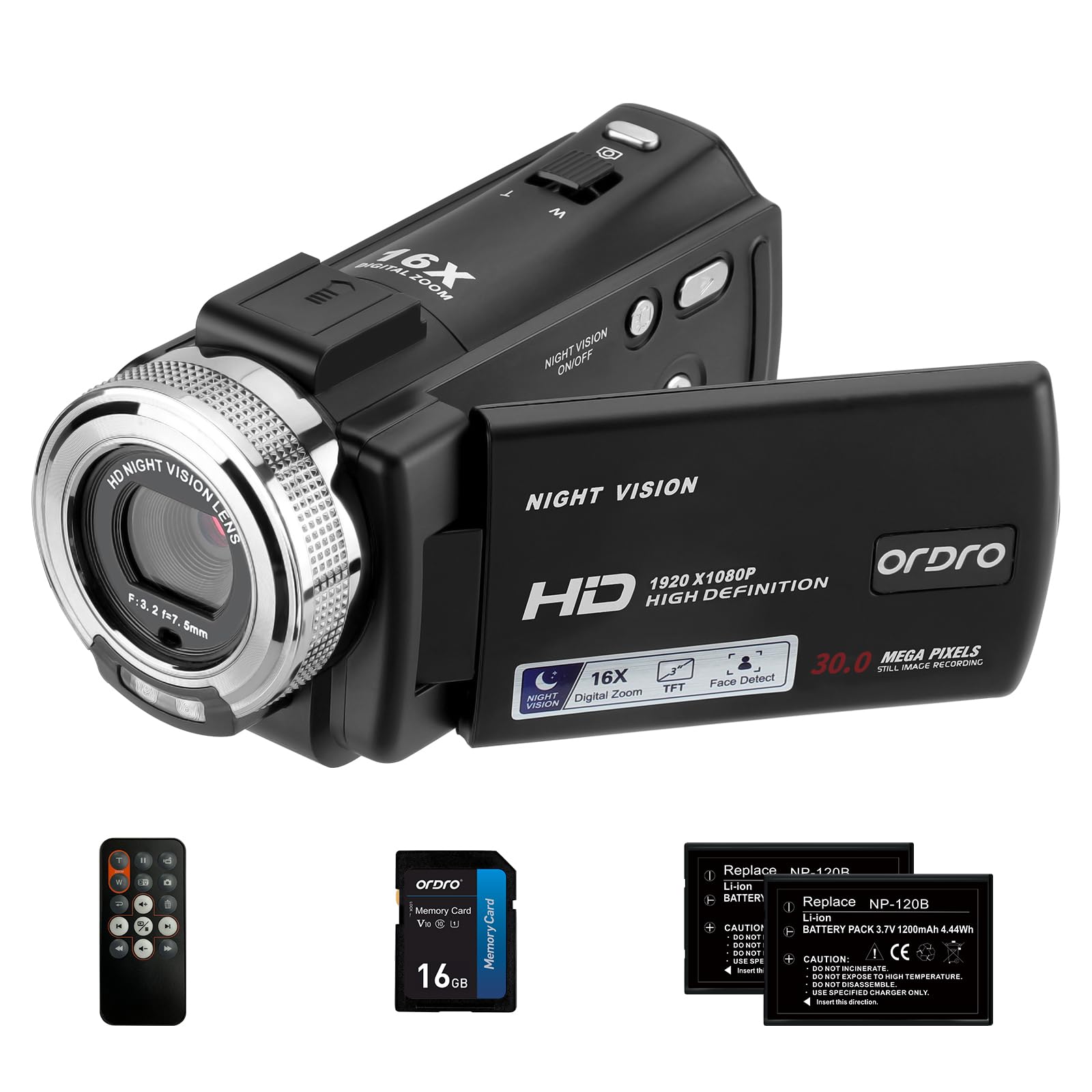 ORDRO V12 1080P Camcorder Night Vision with 16G Card 2 Batteries | HD retro camc