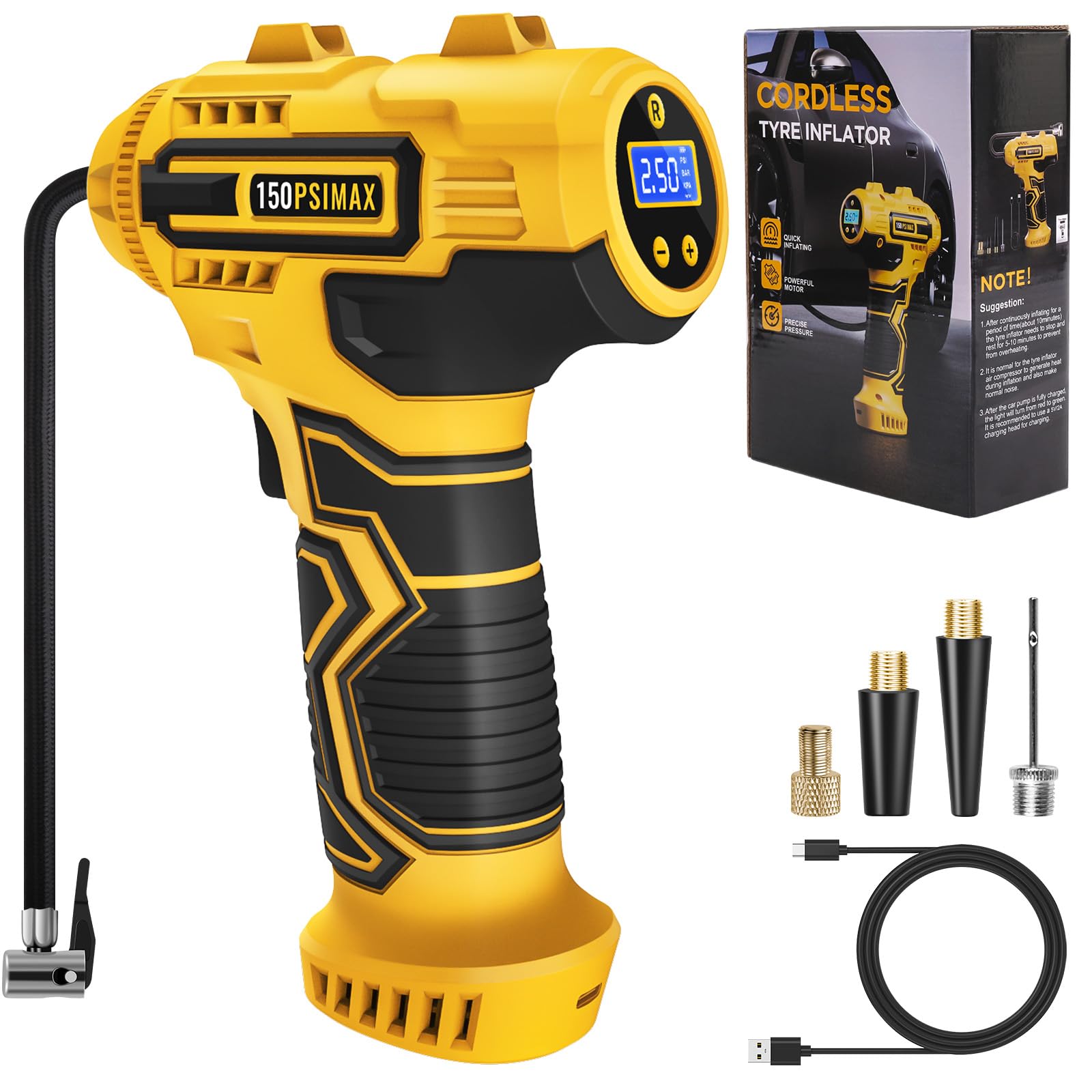 Skeufy Car Tyre Inflator Air Compressor, Portable Cordless Tyre Pump, 150psi Han