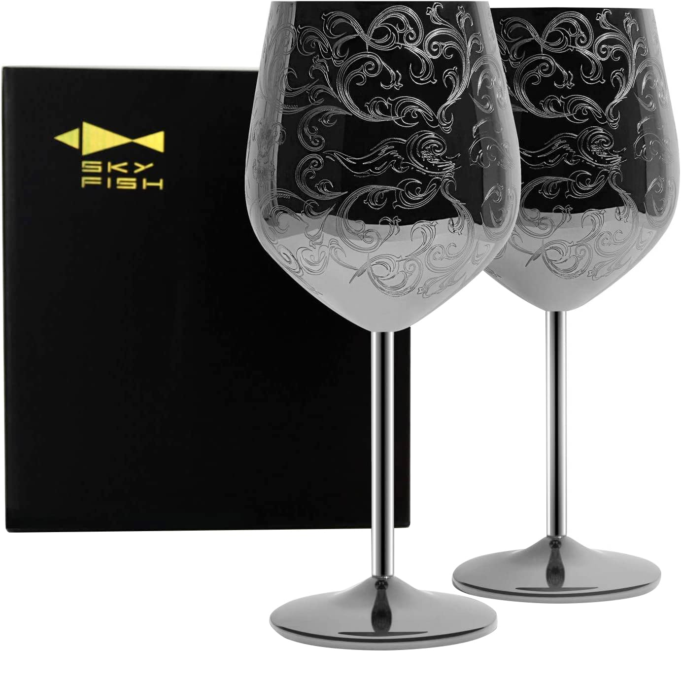 SKY FISH Stainless Steel Wine Glasses, Black, 480 ml, Set of 2