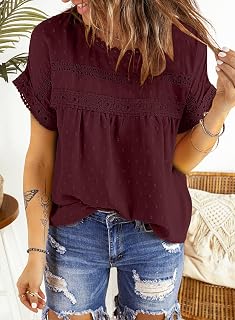 Women Summer Blouses Tunic Tops Short Sleeve Lace Round Neck Loose Fit Casual Solid Color