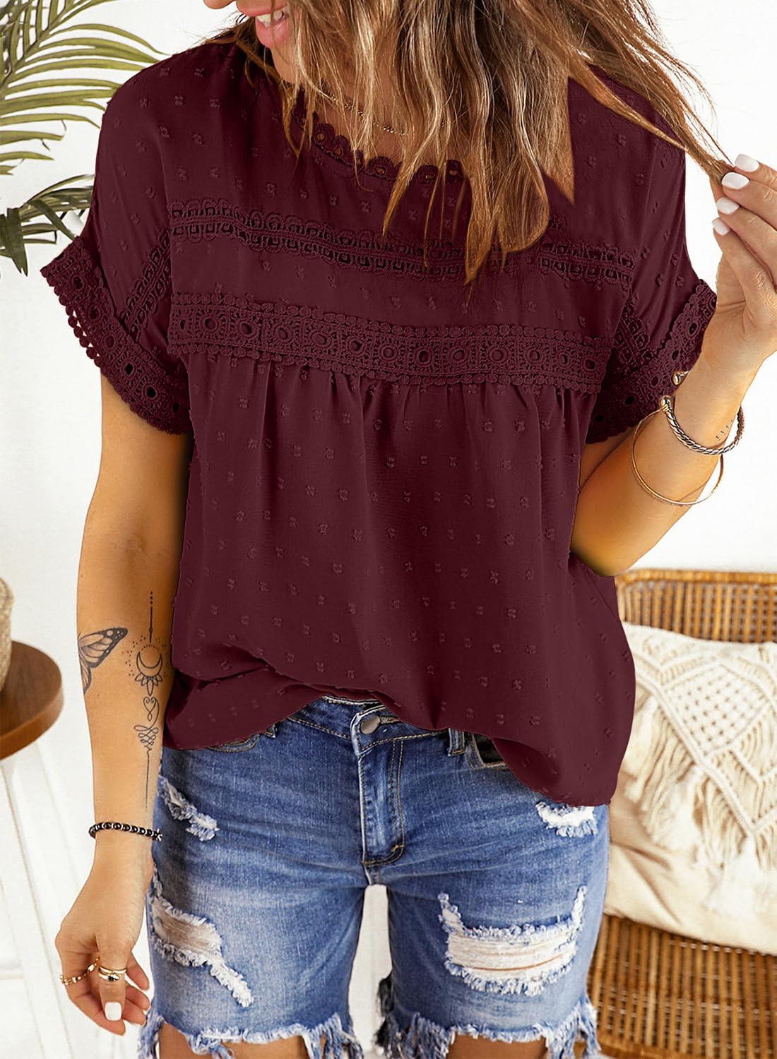 Women Summer Blouses Tunic Tops Short Sleeve Lace Round Neck Loose Fit Casual So