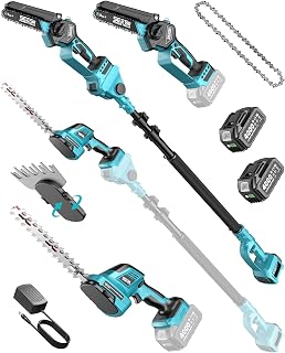 SEESII 6-in-1 Cordless Pole Saw & Hedge Trimmer Combo, Brushless Motor | Electric Mini Chainsaw with 2×4.0 Ah Batteries, Extendable Tree Pruner, Bush Trimmer Limb Branch Cutter, Grass Shears