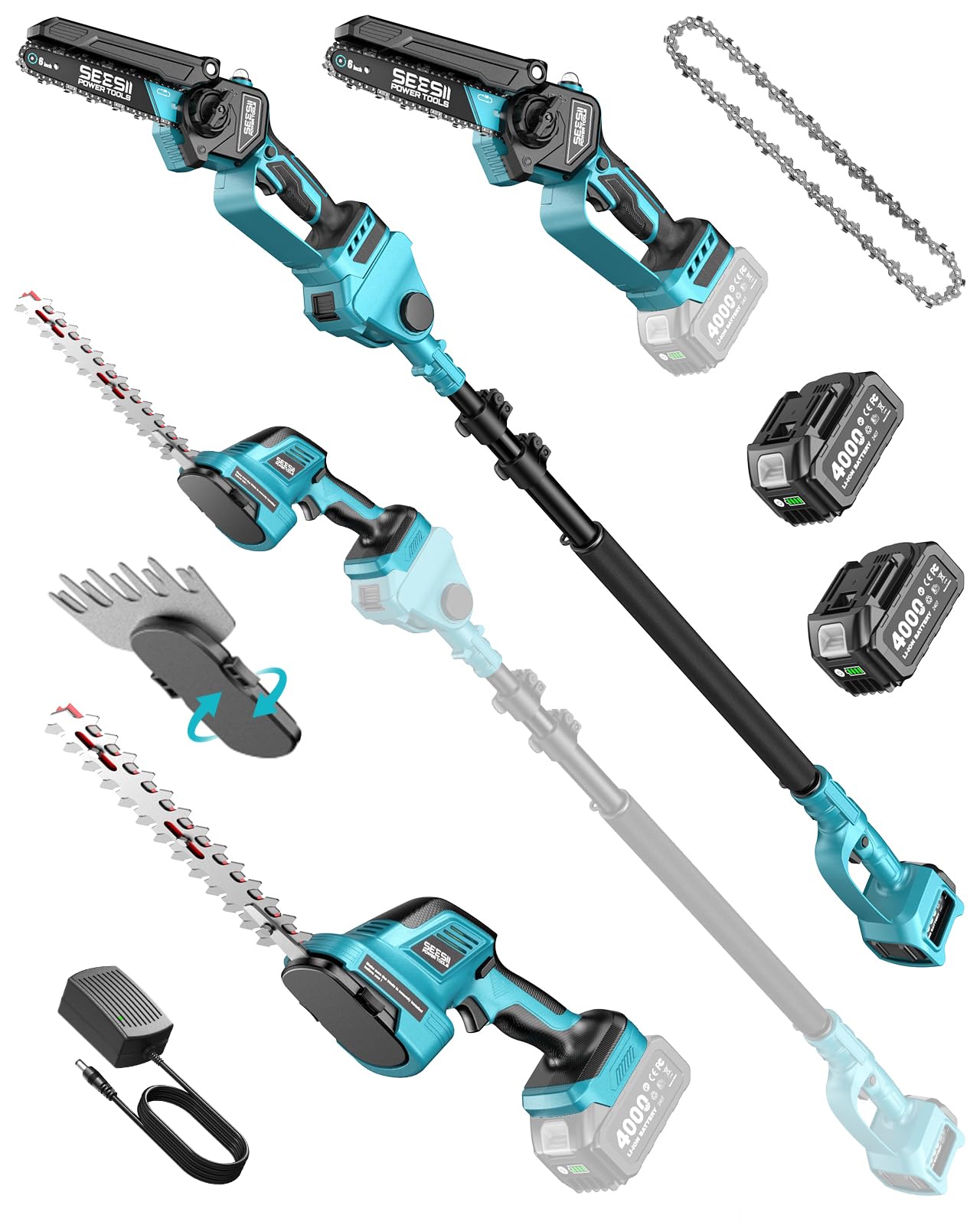 SEESII 6-in-1 Cordless Pole Saw & Hedge Trimmer Combo, Brushless Motor | Electri