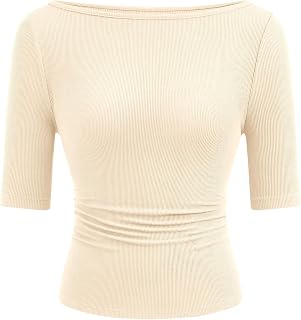 PRETTYGARDEN T-shirt d'été à manches courtes et col bateau en tricot côtelé coupe ajustée pour femme